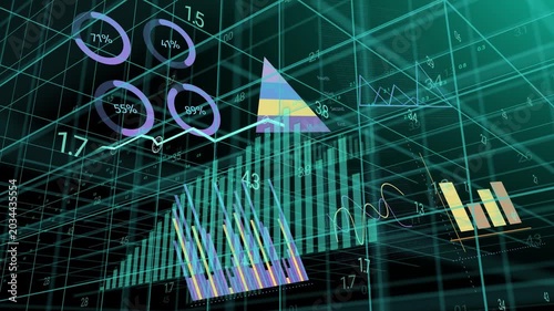 3D data cluster animating after camera pan, growing charts and drawing line to show analytics