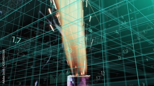 Nozzle emitting flame while flame widening, elongating, sparking in teal grid for analysis