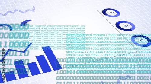 Teal-green binary bands appearing at margins, blue charts assembling and rotating to show metrics