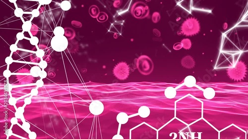 Subtle glow pulses occurring, DNA helix pulsing, ribbon waving, particles drifting showing links