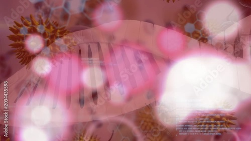 On play DNA helix stretching, pink bokeh drifting and obscuring helix, showing molecular context