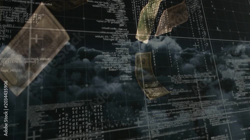 Scene pulsing on data pulse, shifting code overlay into falling sepia notes showing market flow