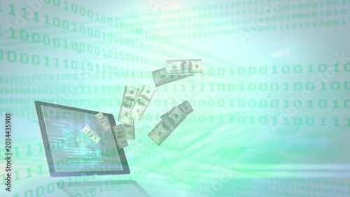 Tablet appearing lower-left, emitting cash flowing across binary grid representing online payment