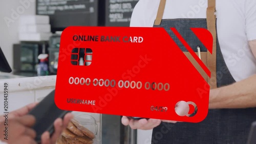 Barista holding reader at cafe counter while customer tapping smartphone red card signaling payment