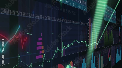 Rising green line causing market wall shifting right showing charts, pulsing arrows showing growth