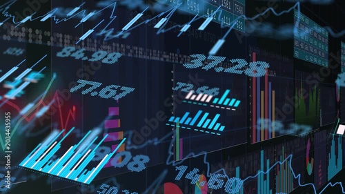 Camera panning right, layered charts shifting and numeric tickers updating, visualizing market data