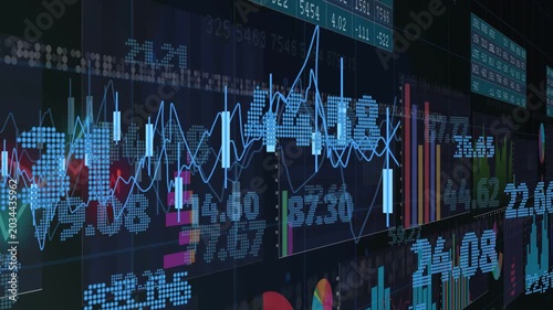 Live feed updating, panning tiled market wall, showing rising bars, shifting candles for signals