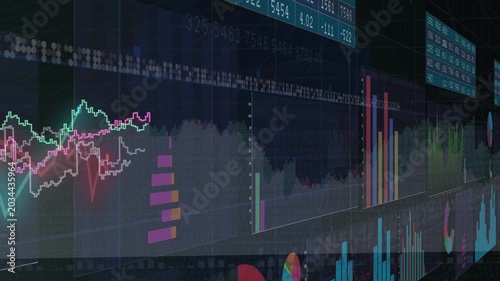 Left stacked bars starting right pan, camera revealing data wall while neon lines showing updates