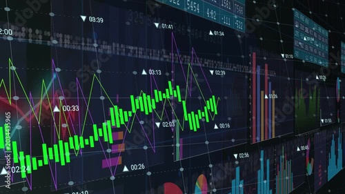 Camera panning across 3D dashboard, green trend falling then rising, updating market charts