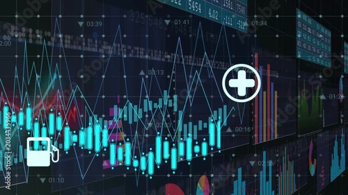 Financial dashboard animating from candlestick pulse, revealing sector icons to show market shifts