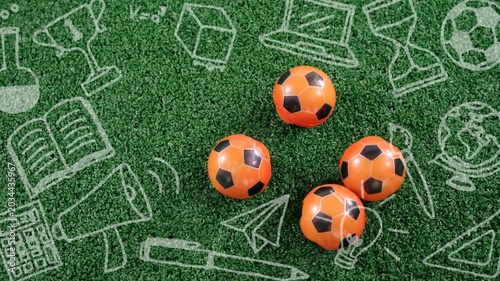 Four orange soccer balls rotating shifting as chalk icons fading in from left showing school sports