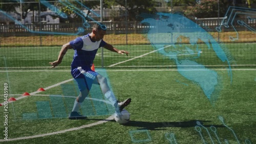 Player starting drill by ball touch, dribbling cones, shooting goal, holo guiding soccer training