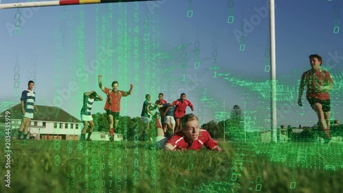 Red rugby player securing ball from ruck, running, diving to ground, green overlay obscuring play