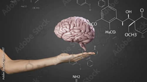 Left hand entering, brain appearing, hovering and rotating above palm, showing brain chemistry