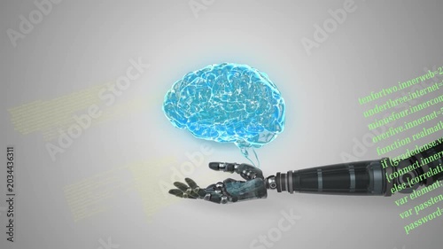 Converging code forming hologram brain above hand, robotic arm entering, cradling, presenting data