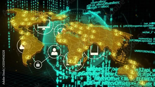 Starting teal globe rotating behind gold map, icons appearing, linking, showing global security