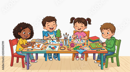 Diverse group of happy children engaged in creative art and craft activities at a table, painting and cutting paper