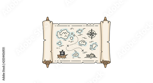 Pirate Treasure Map, Compass, Islands, Ship, X Marks the Spot, Adventure