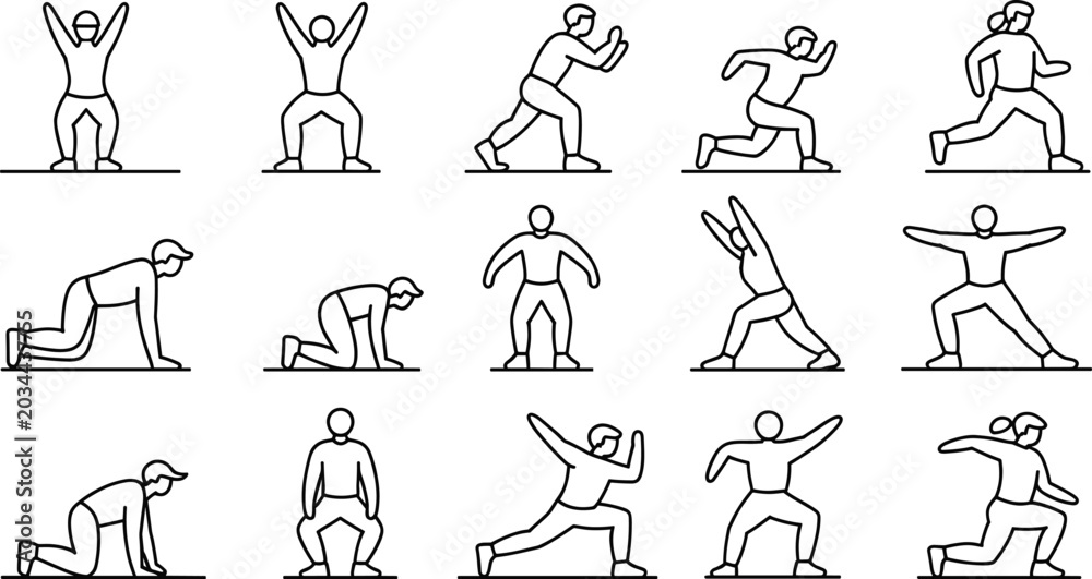 Obraz premium Vector line icon set of people doing fitness exercises, stretching workouts, and gym training