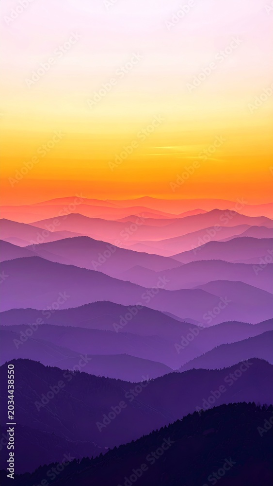Fototapeta premium Vibrant Mountain Range Layers At Sunset With Orange Yellow And Purple Hues