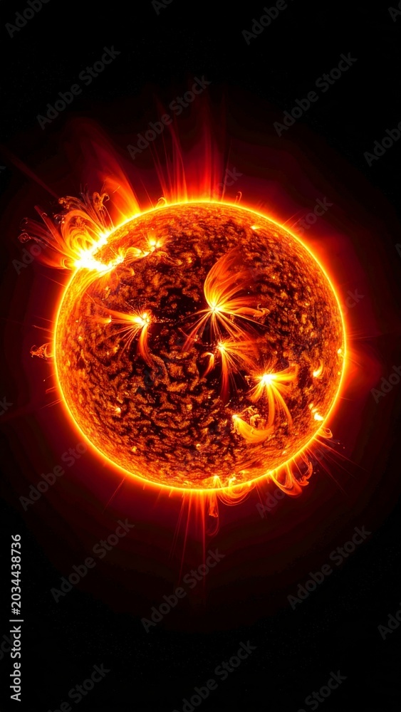 Fototapeta premium The Sun Ablaze Energetic Star With Solar Flares And Plasma Eruptions In Deep Space