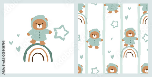 Foto Cute bear rainbow and star seamless pattern pastel mint nursery background design