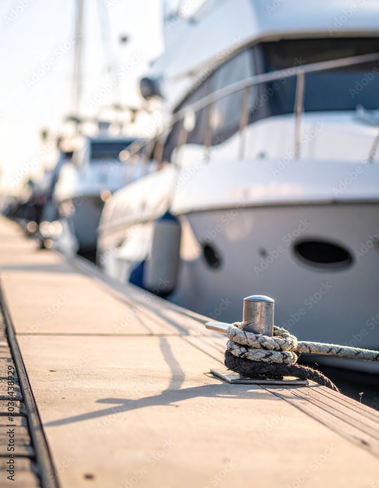 Obraz premium Luxury Yachts Docked at Marina Illuminated by Warm Sunlight Side View