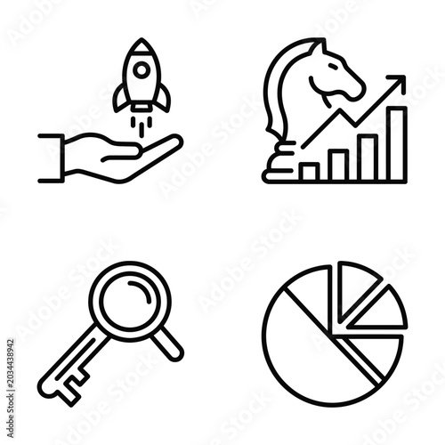 Business startup launch strategic growth keyword research data analysis icon set with bar chart, magnifying glass