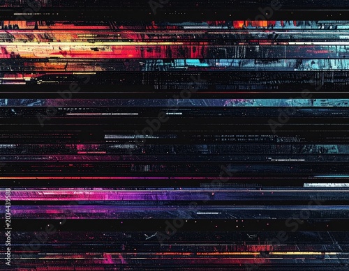 Abstract Digital Glitch Art With Colorful Horizontal Lines And Textured Noise Background