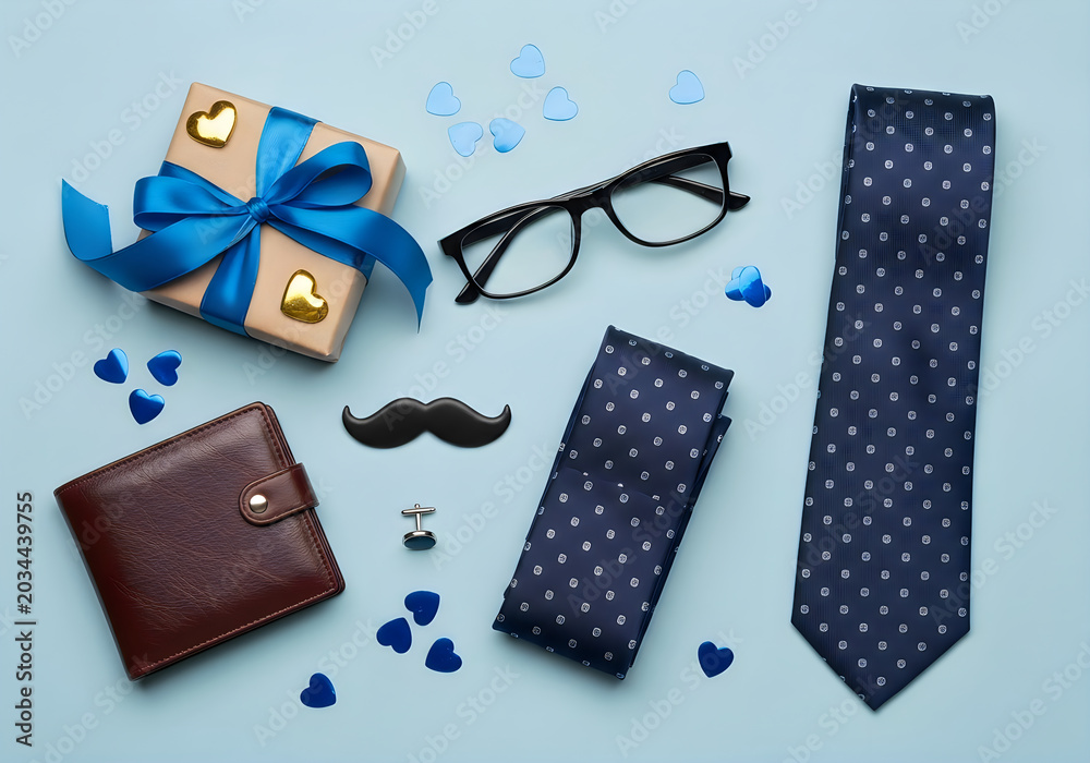 Obraz premium Thoughtful father's day gift ideas wallet tie glasses more celebrating dad's special day