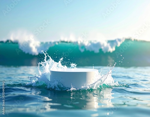 White Podium Emerging From Ocean Waves Sparkling Water Splashes Turquoise Sea