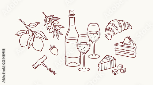 Bild auf Leinwand Hand drawn food and drink elements set with wine bottle, glasses, croissant, cak