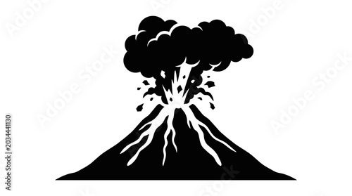 Schilderij op canvas Volcano Silhouette With Eruption Black On White Background