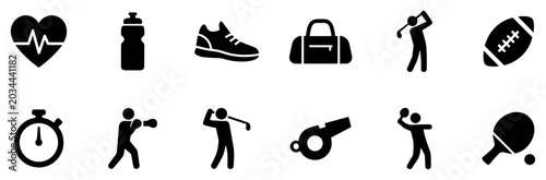 Cuadro en lienzo Collection of black sports and fitness icons including heart rate, water bottle,
