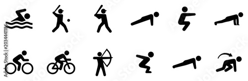 Cuadro en lienzo Set of black sports and exercise stick figure icons including swimming, baseball