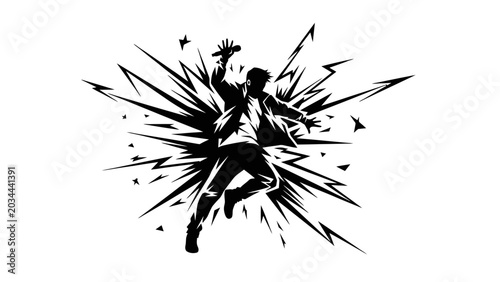 Картината върху платно Black and white graphic illustration of a person exploding outwards with sharp, jagged lines representing a shockwave or burst of energy