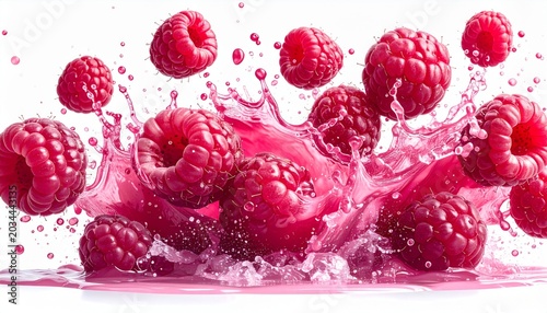 Ripe Red Raspberries Splashing in Pink Juice Against a White Background