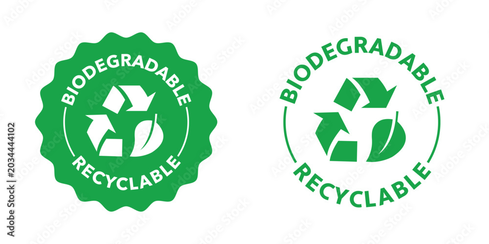 Fototapeta premium Biodegradable and Recyclable stamp with arrows and leaf.