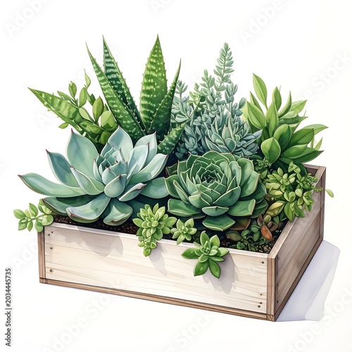 Lush Green Succulent Arrangement Displayed in Wooden Planter on White Background