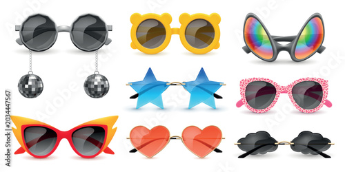 Realistic party sunglasses. Carnival funny glasses, isolated goggles eye wear sun beach festive accessory star round shape glitter costume mask 3d set garish vector illustration