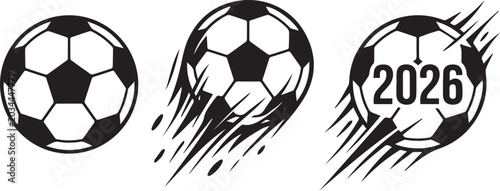 Tablou pe pânză Black soccer balls with motion lines and 2026 text