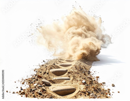 Steps in Sand With Dust Cloud Explosion Against White Background