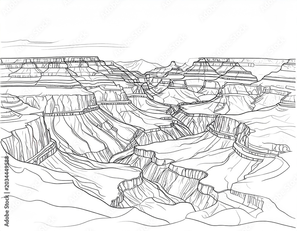 Fototapeta premium Black and White Sketch Landscape Mountain Range Horizon Line