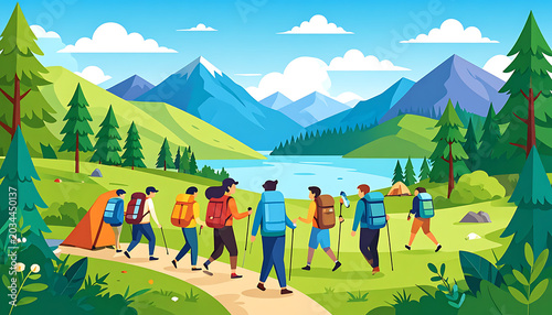 Group of hikers with backpacks and trekking poles walking on a trail through a scenic mountain landscape with a lake and pine trees