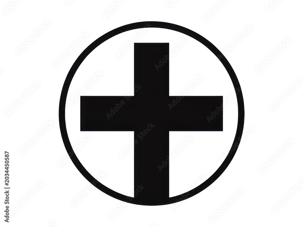 Fototapeta premium Black cross symbol with circular border isolated on white background
