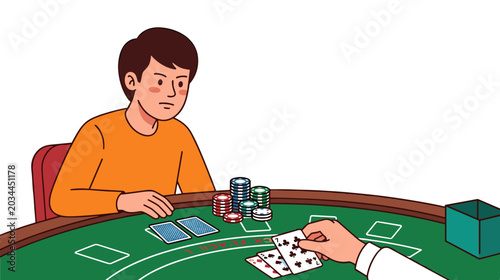 Serious young caucasian adult looking at his cards while playing blackjack poker with a dealer at a green gambling table with chips stacked. Casino entertainment and risk atmosphere