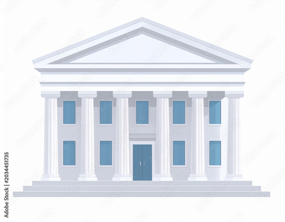 Obraz premium Neoclassical White Building Facade with Columns and Blue Windows on White Background