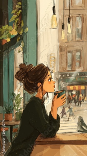 Cozy Woman Drinking Coffee by Window Illustration