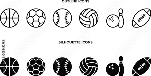 Sports Ball Outline and Silhouette Icons Set with Basketball Soccer Baseball and Bowling Symbols