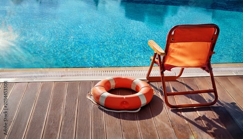 close up of lifeguard chair and rescue tube beside pool with glistening water